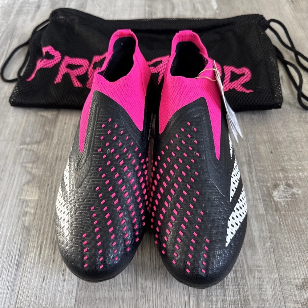 Adidas Accuracy+ FG, Core Black/White/Pink soccer cleats, Sz 5 men’s 6 women’s
